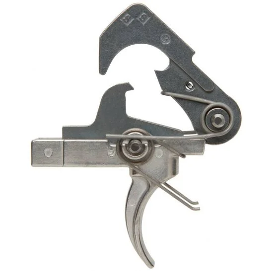 ALG Defense ACT AR-15 trigger group in silver nickel-boron finish, curved shoe, side view