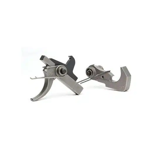 BCM PNT mil-spec trigger and hammer in polished nickel Teflon finish, shown apart, angled view