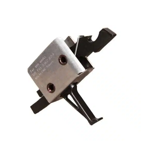 CMC single-stage AR-15 drop-in trigger, silver housing with black flat shoe, angled view