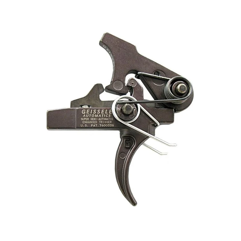 Geissele Super Semi-Automatic Enhanced two-stage AR-15 trigger with hammer, curved shoe, side view