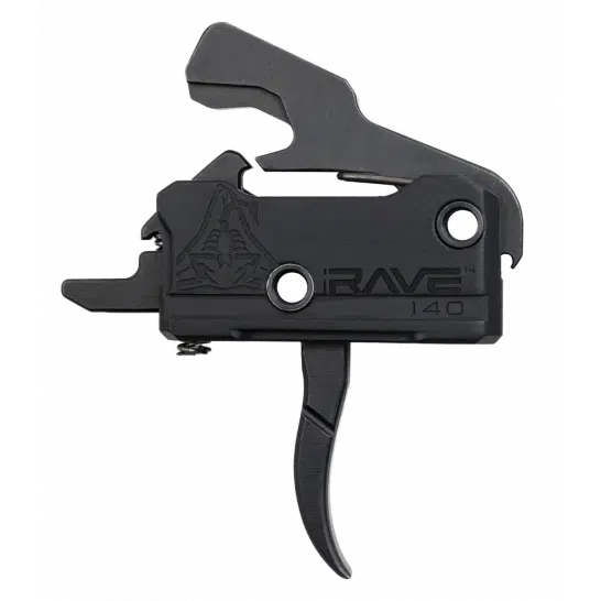 Rise Armament Rave 140 drop-in AR-15 trigger, black housing, curved shoe, side view