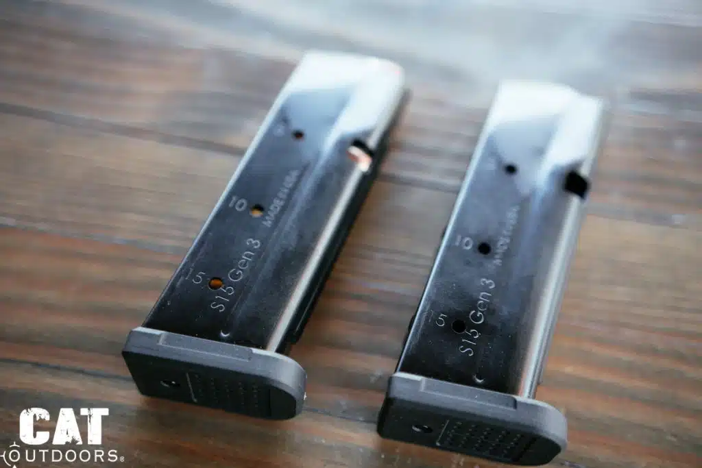 Two Shield Arms S15 Gen 3 steel magazines side by side, witness holes and Made in USA stamp