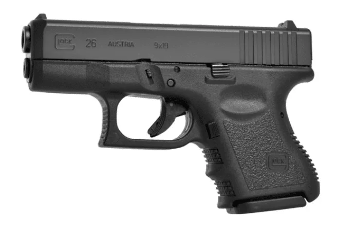 Glock 26 subcompact 9mm with finger groove grip, left side view on a white background