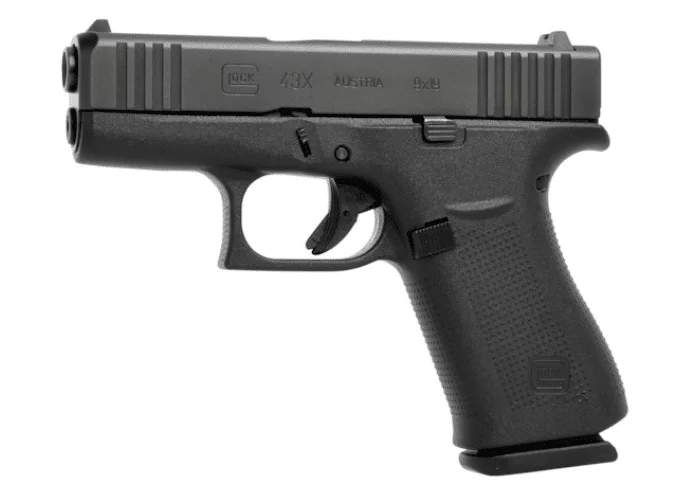 Glock 43X slimline 9mm pistol, black finish, left side studio view on white