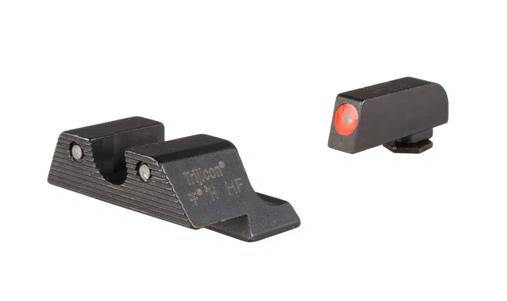 Trijicon HD night sights for Glock, orange outlined front and two-dot rear, side view