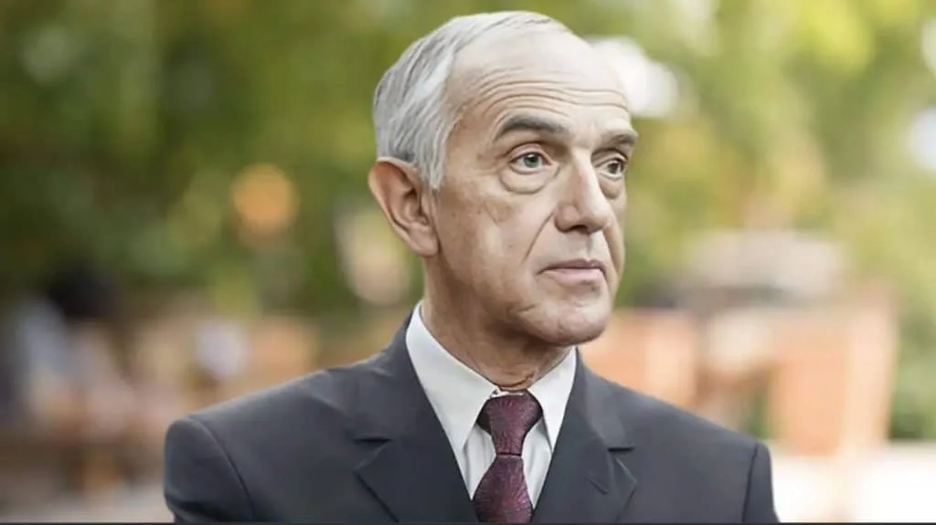 Portrait of a gray-haired Gaston Glock in a dark suit and burgundy patterned tie outdoors