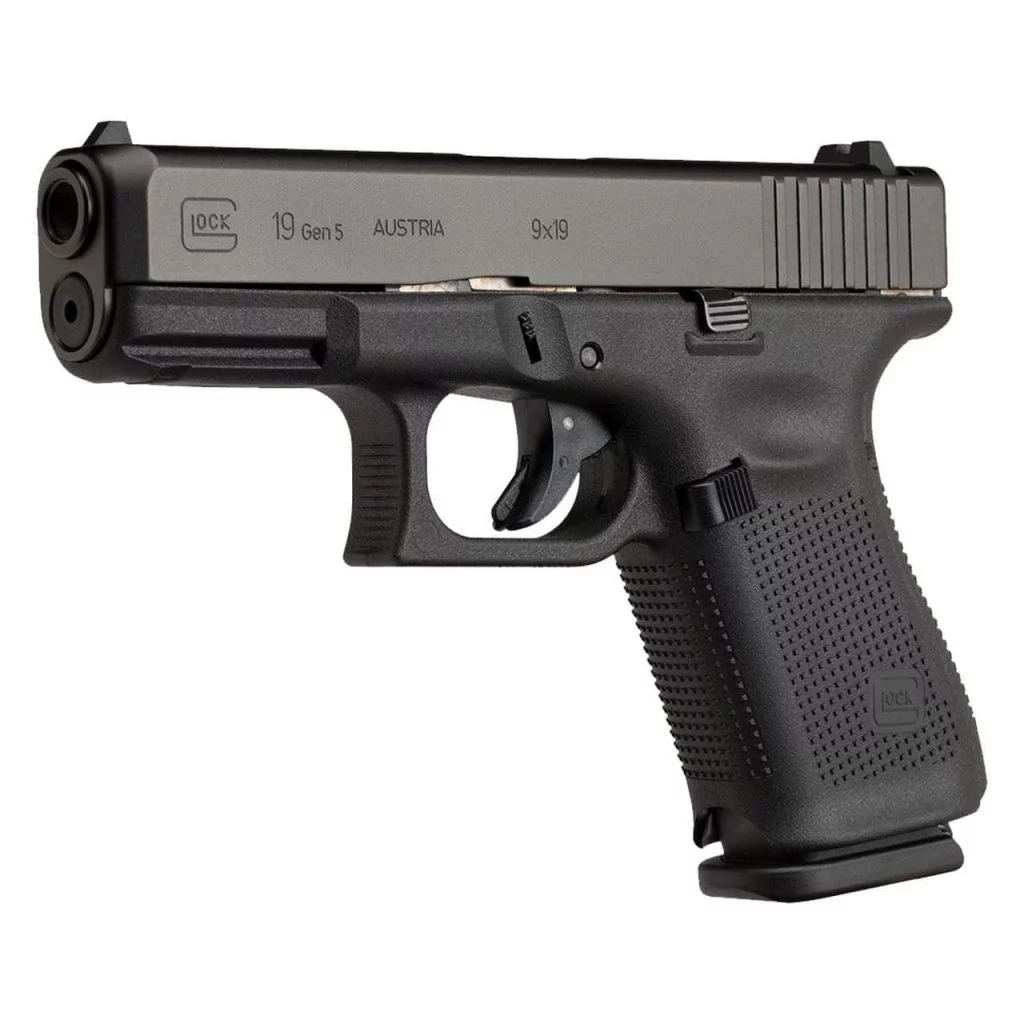 Glock 19 Gen 5 compact 9mm pistol, left side three-quarter view, black finish