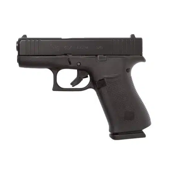 Glock 43X slimline 9mm subcompact pistol, left side view, black finish