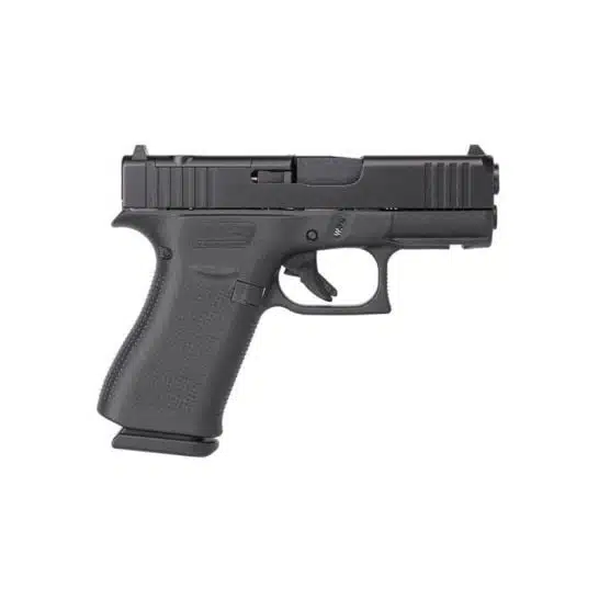 Glock 43X MOS 9mm pistol, black finish, right side view showing the accessory rail