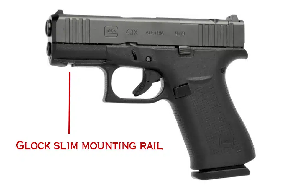 Red callout pointing to the slim accessory rail under the dust cover of a Glock 43X MOS