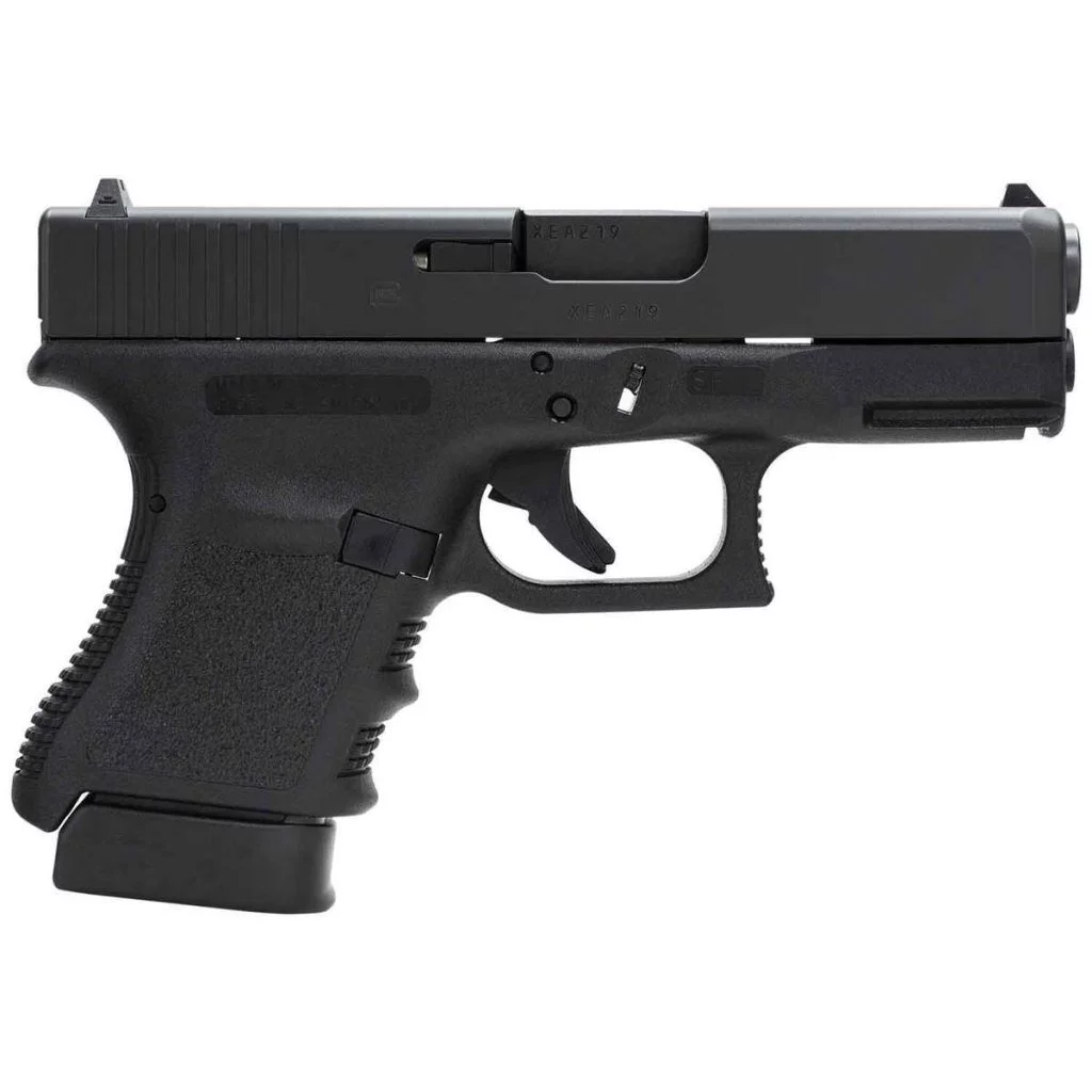 Glock 30S compact .45 ACP pistol with finger groove grip, right side view, black finish