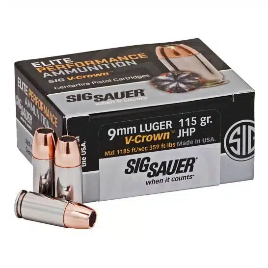 SIG Sauer Elite Performance V-Crown 9mm 115 grain JHP ammo, box with three loose rounds