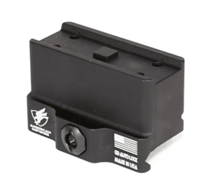 American Defense QD Auto Lock micro dot riser mount, black, angled side view
