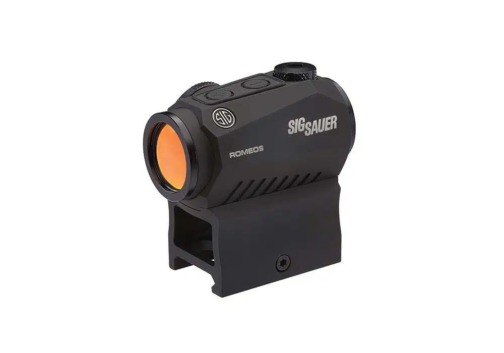 SIG Sauer Romeo 5 compact red dot sight on its rail mount, angled front view