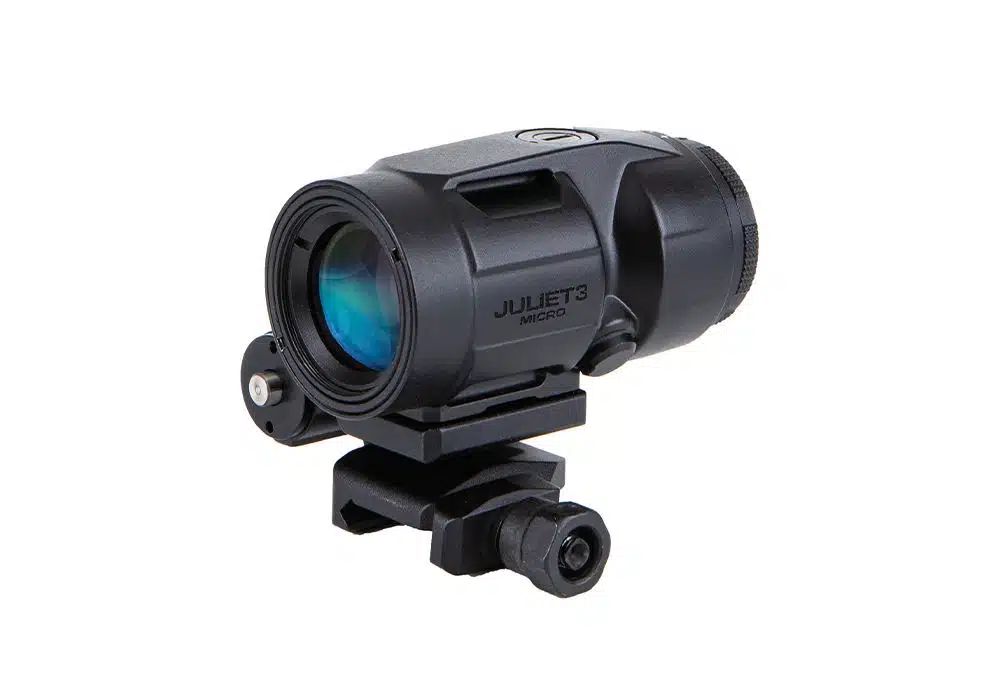 SIG Sauer Juliet 3 Micro 3x magnifier on its flip mount, black finish, angled front view