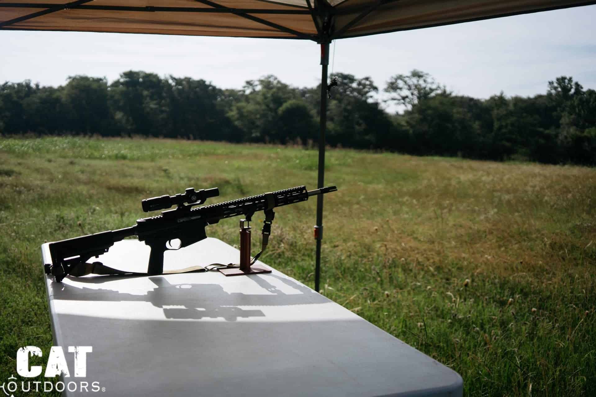 PSA Sabre-10 with the Vortex Strike Eagle 1-8x24 on the range table