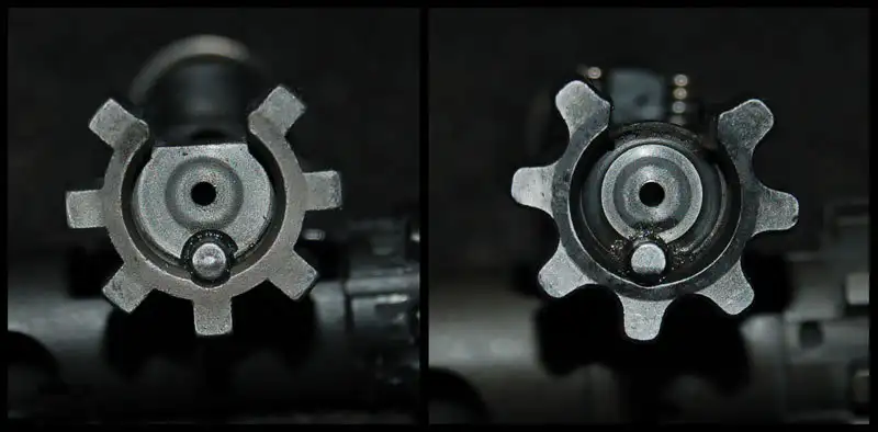 Comparison between a standard GI bolt (left) and KACV's E3 bolt (right)