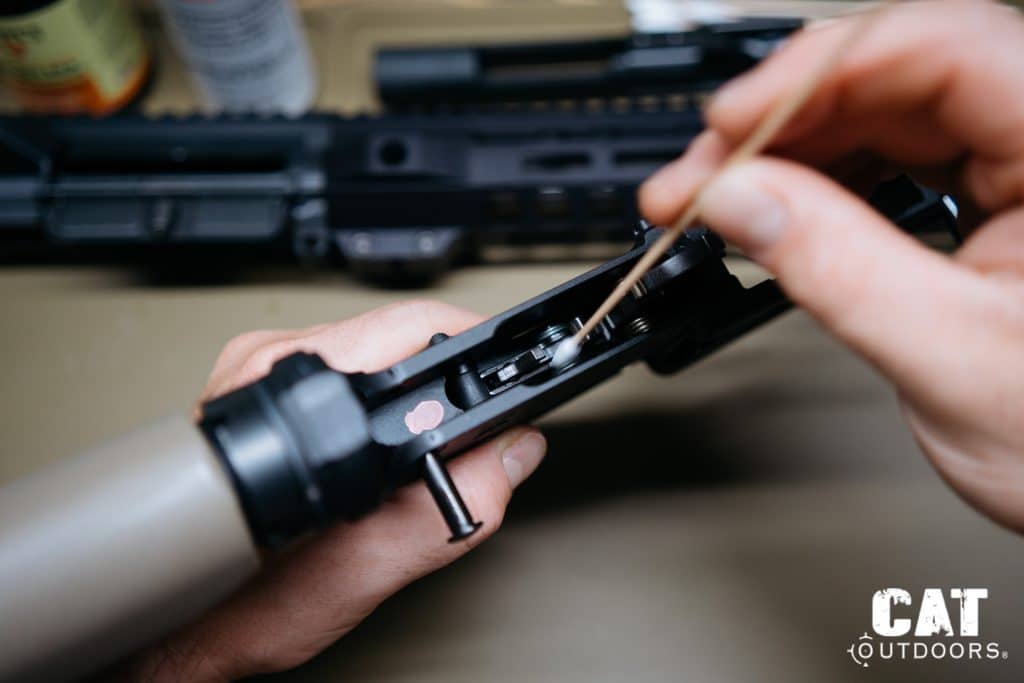 AR-15 Cleaning Applying CLP to Trigger Group
