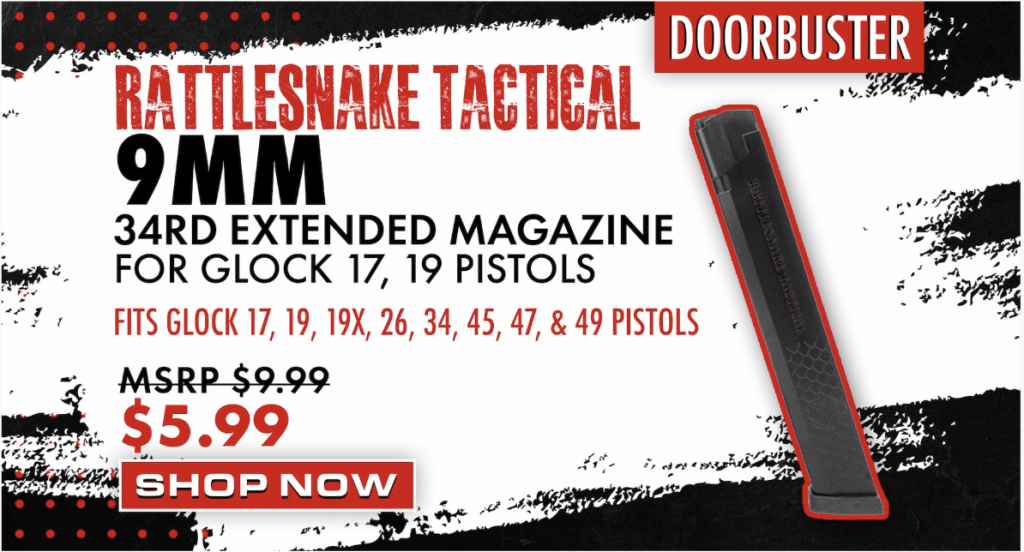 Rattlesnake Tactical 9mm 34 Round Extended Magazine for Glock 17, 19 Pistols