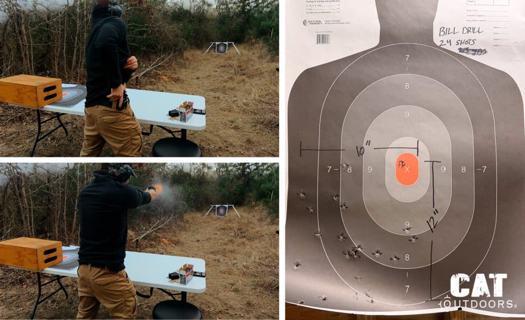 Composite image showing Brad drawing the Springfield Hellcat from concealment, firing on target, and the resulting Bill Drill silhouette target with 24 shots in a 10x12 inch group