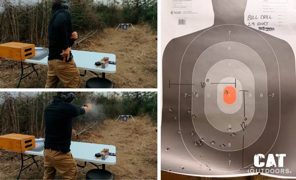Composite image showing Brad drawing the Springfield Hellcat from concealment, firing on target, and the resulting Bill Drill silhouette target with 24 shots in a 10x12 inch group