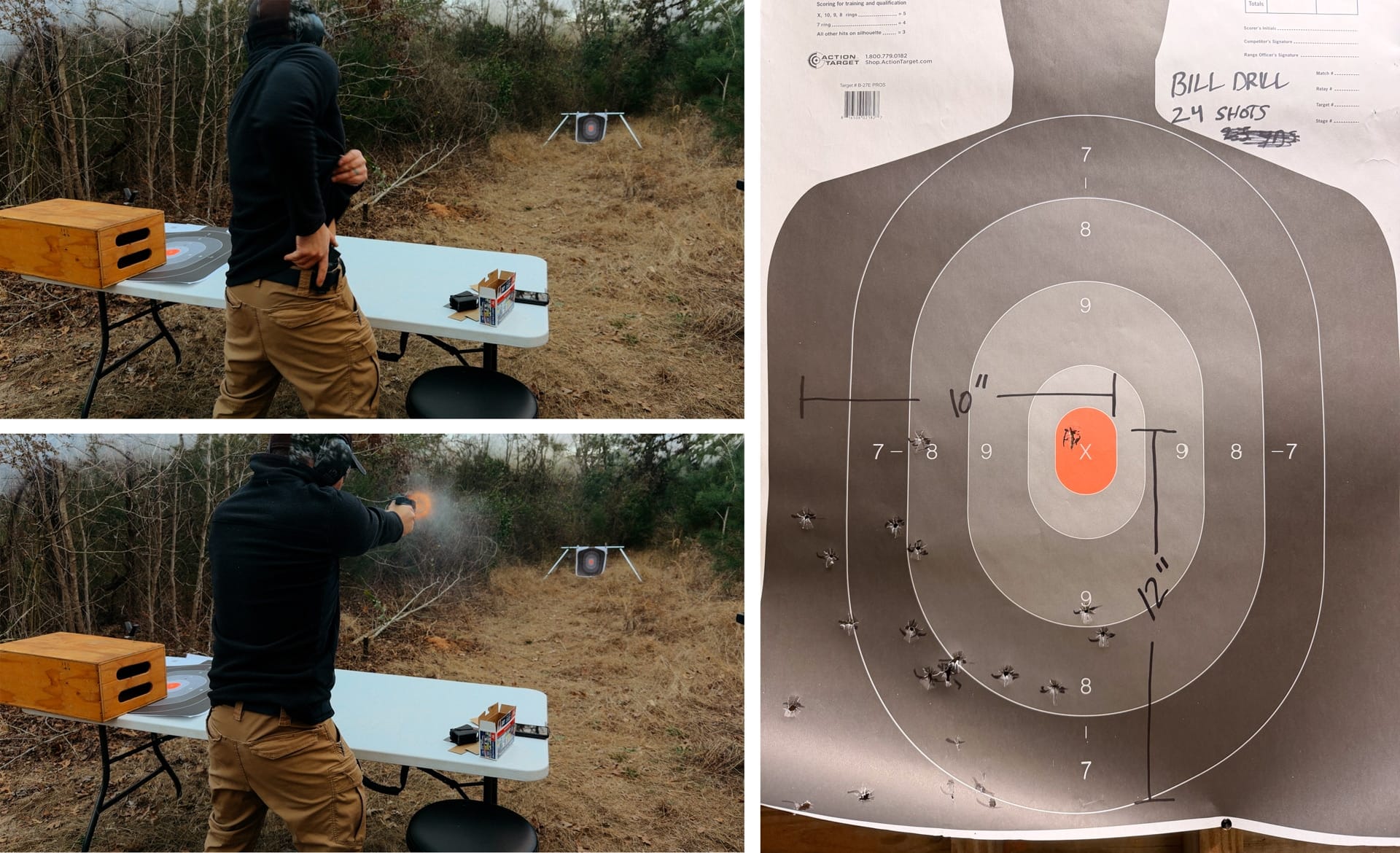 Bill Drill range test sequence: draw, fire, scored target with shot grouping notes