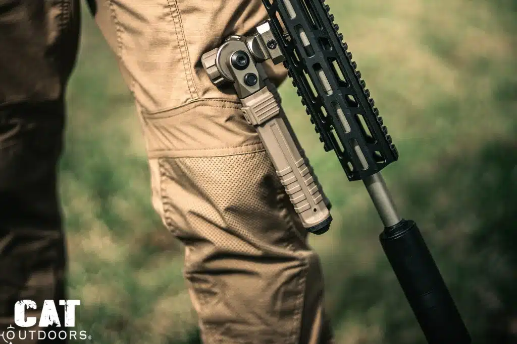 Rifle held vertically with CVLIFE bipod folded flat against the handguard