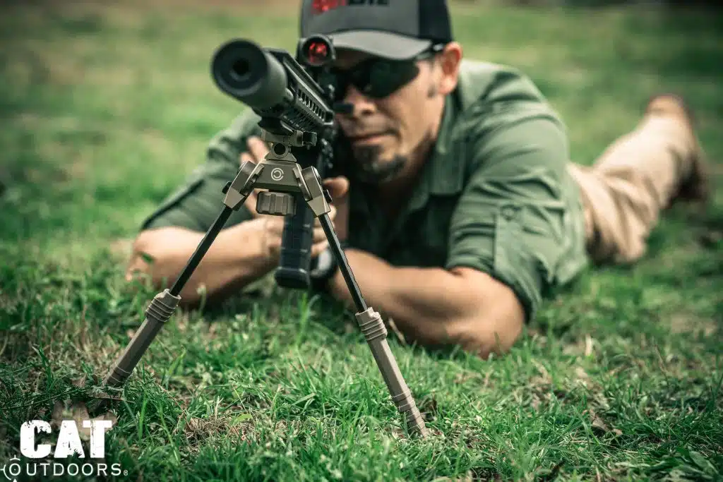 Head-on prone view of CVLIFE bipod pivot assembly and legs spread wide