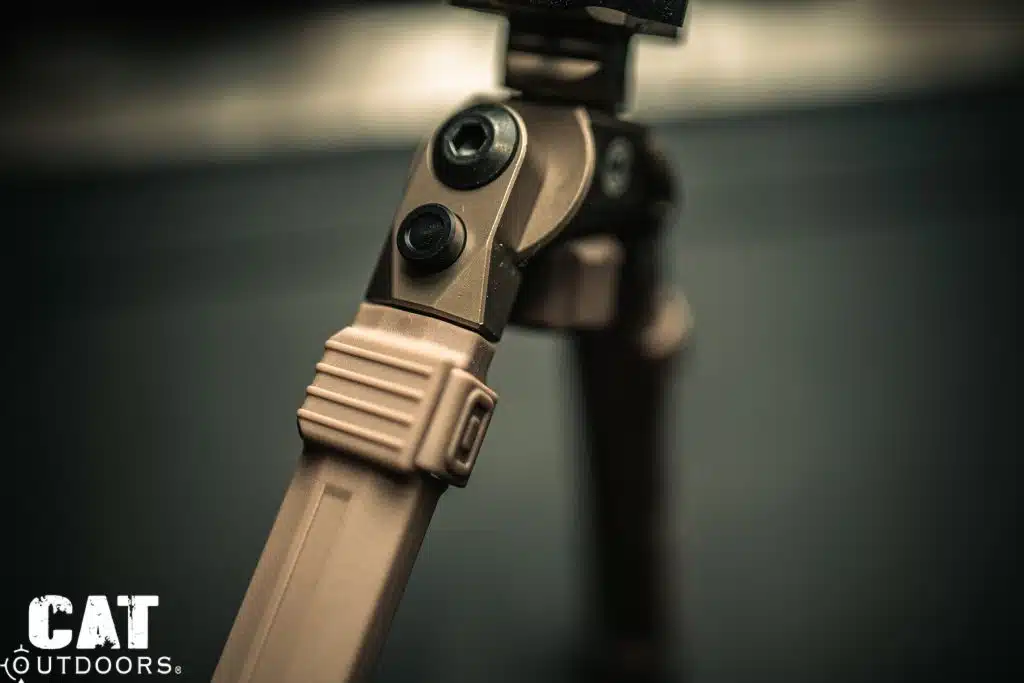 Macro close-up of CVLIFE bipod leg detent mechanism