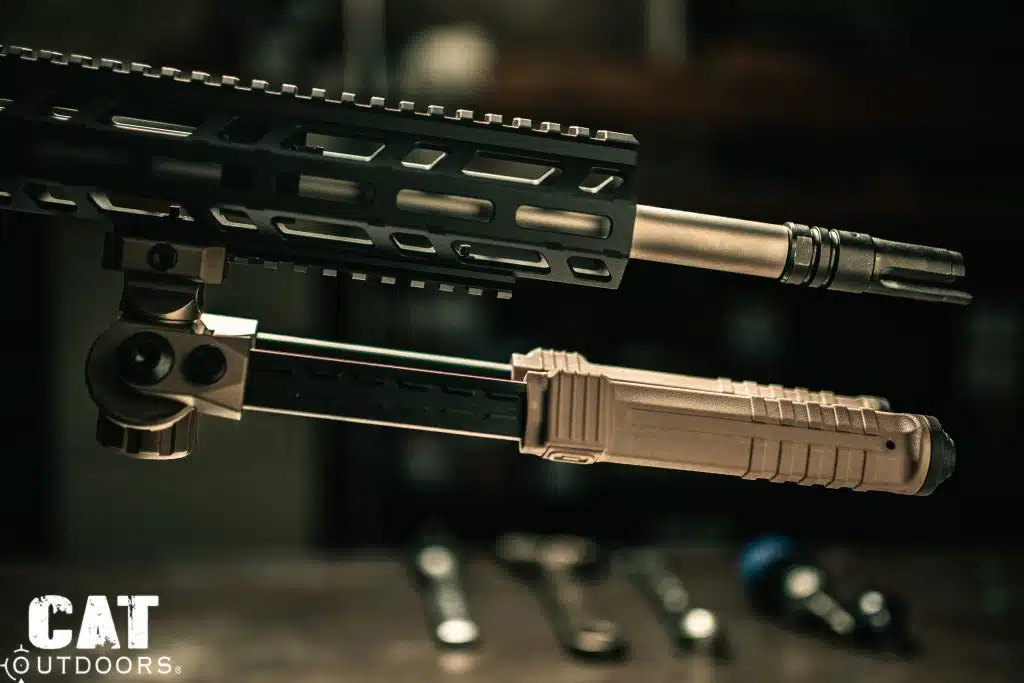 CVLIFE bipod with legs extended rearward showing two-stage telescoping leg construction