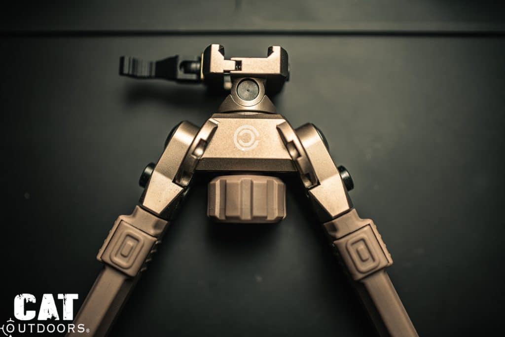 Top-down view of CVLIFE bipod showing the shared pan/tilt locking knob and CVLIFE logo