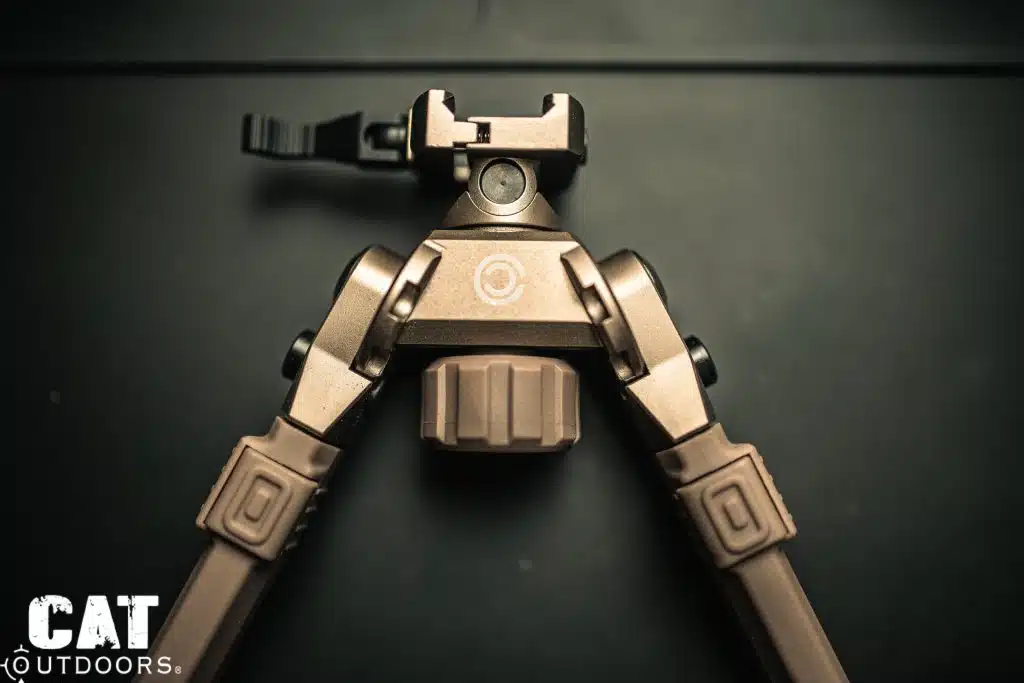 Top-down view of CVLIFE bipod showing the shared pan/tilt locking knob and CVLIFE logo