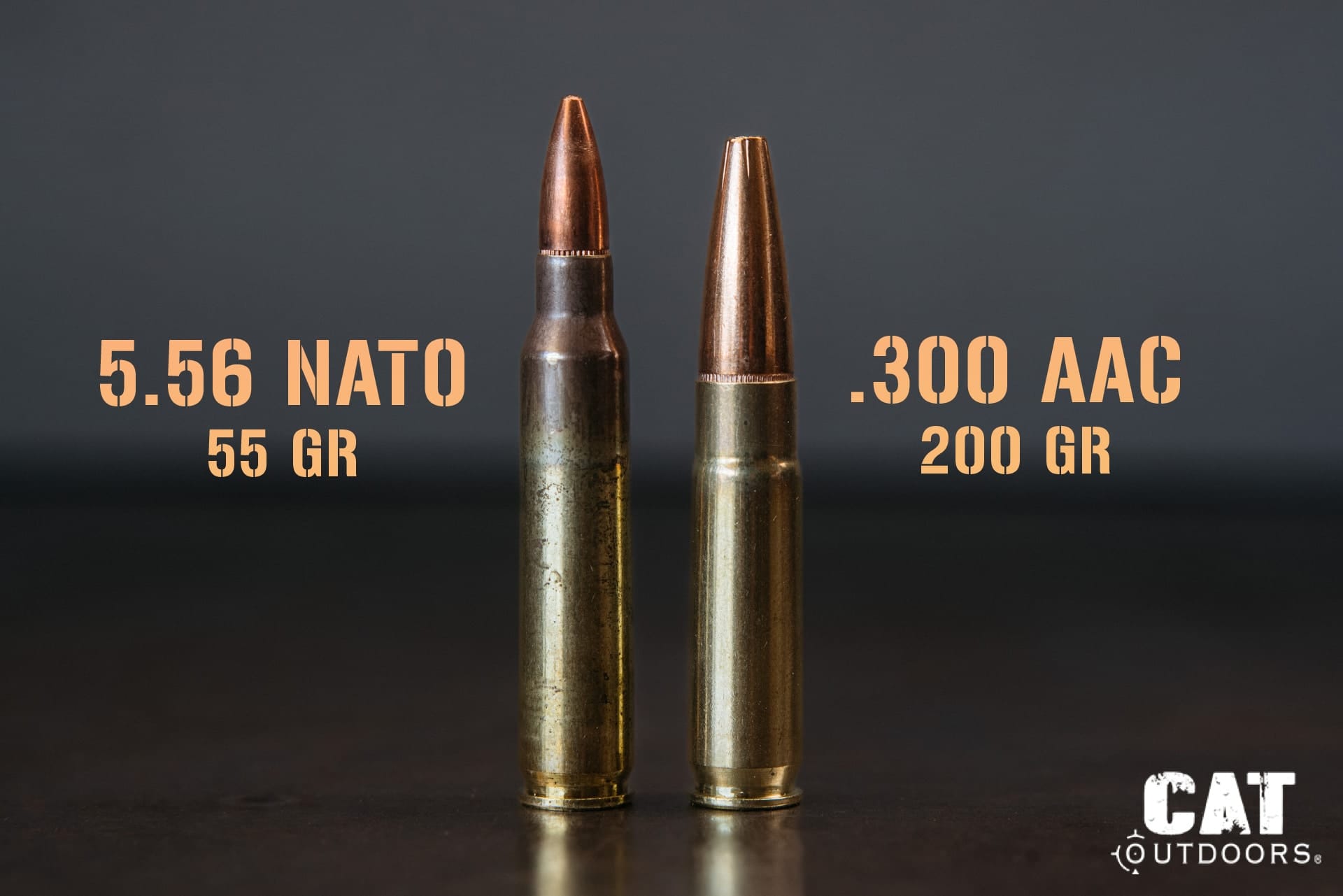 5.56 NATO 55 grain cartridge next to a .300 AAC Blackout 200 grain subsonic for size comparison