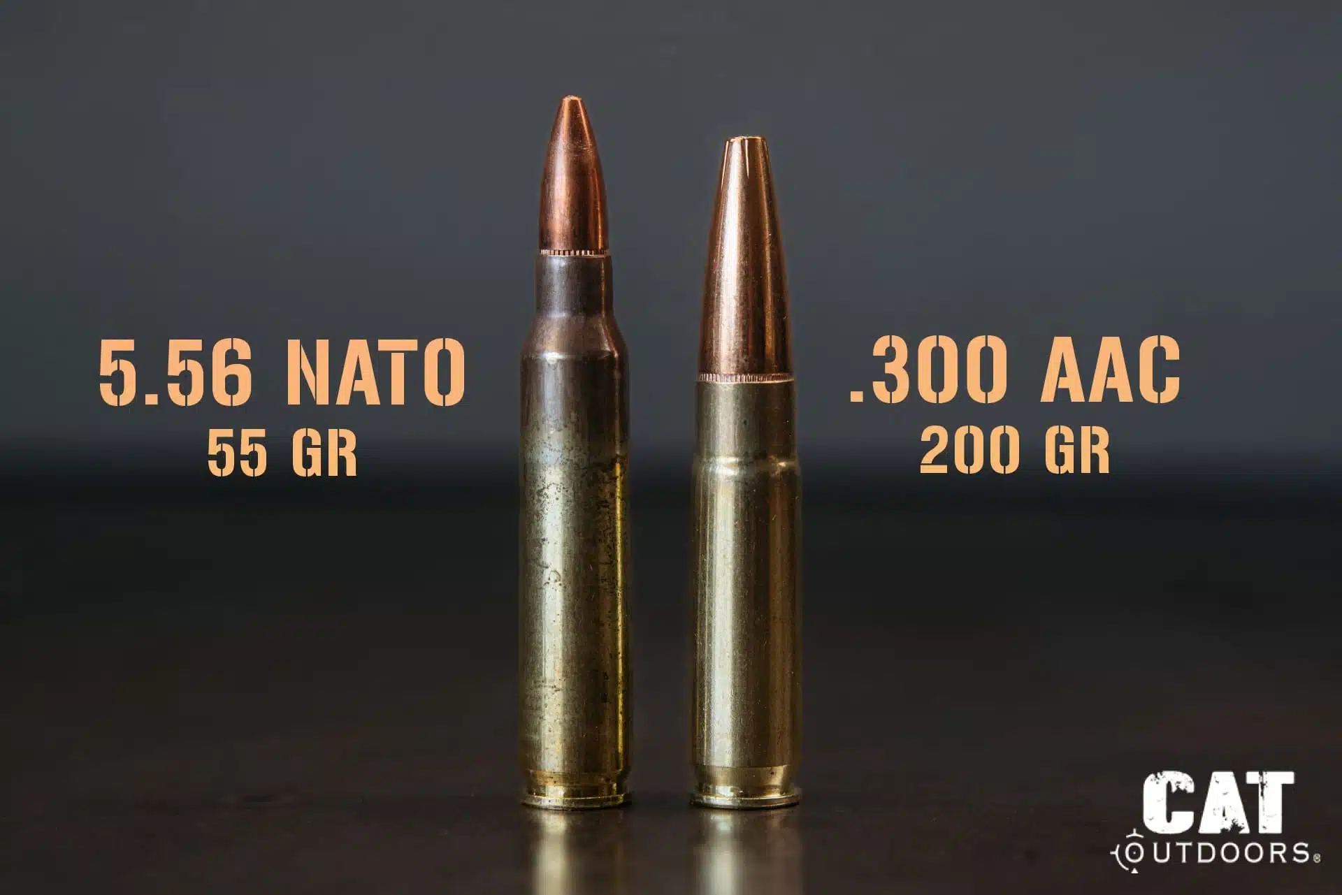 5.56 NATO 55 grain cartridge next to a .300 AAC Blackout 200 grain subsonic for size comparison