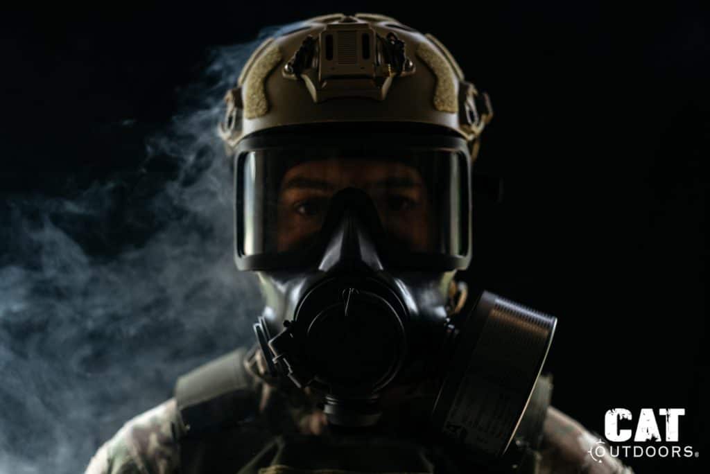 Mira Safety CM-8M full-face respirator worn with tan ballistic helmet and 40mm filter