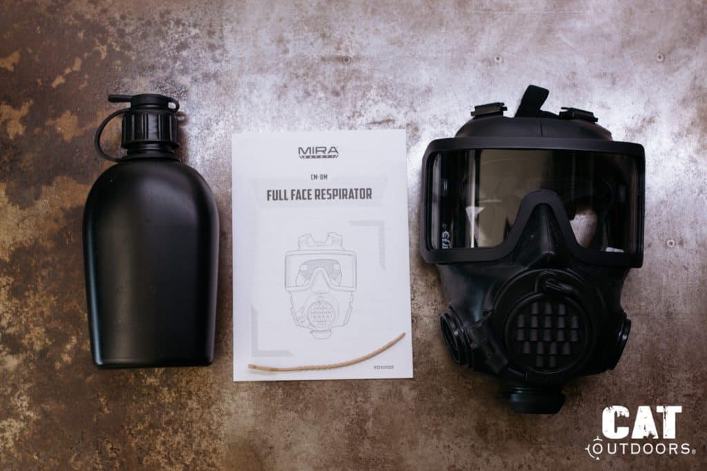 Mira Safety CM-8M unboxed: mask, drinking canteen, and instruction manual