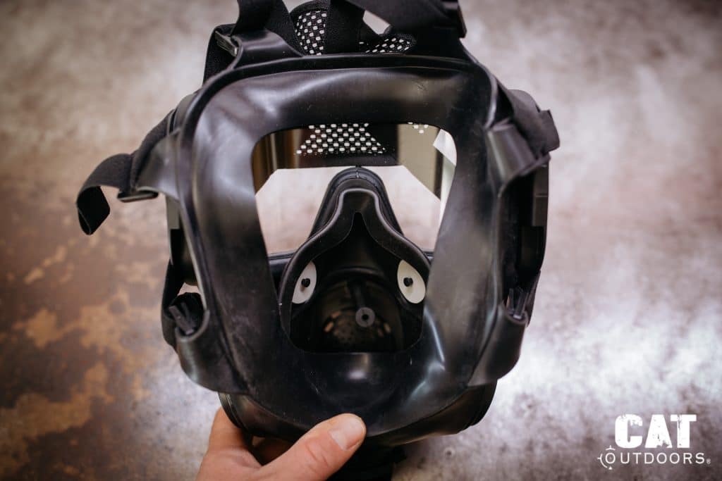 Interior of the Mira Safety CM-8M showing the oronasal cup and one-way check valves