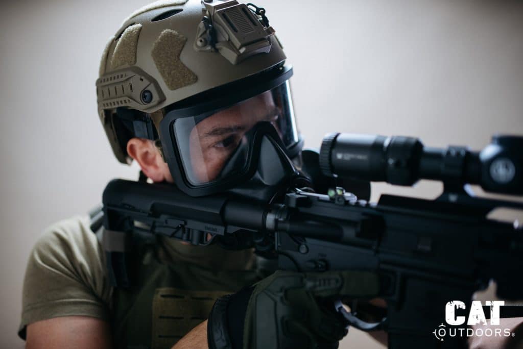 Getting a sight picture through an LPVO scope while wearing the Mira Safety CM-8M