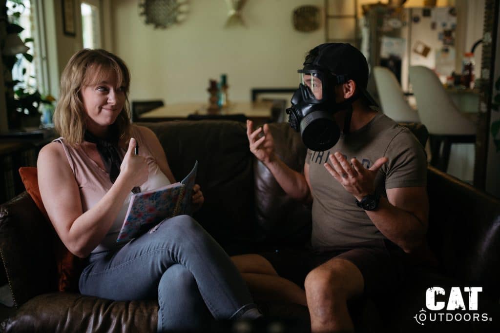 Explaining the Mira Safety CM-8M voicemitter to an unimpressed audience on the couch