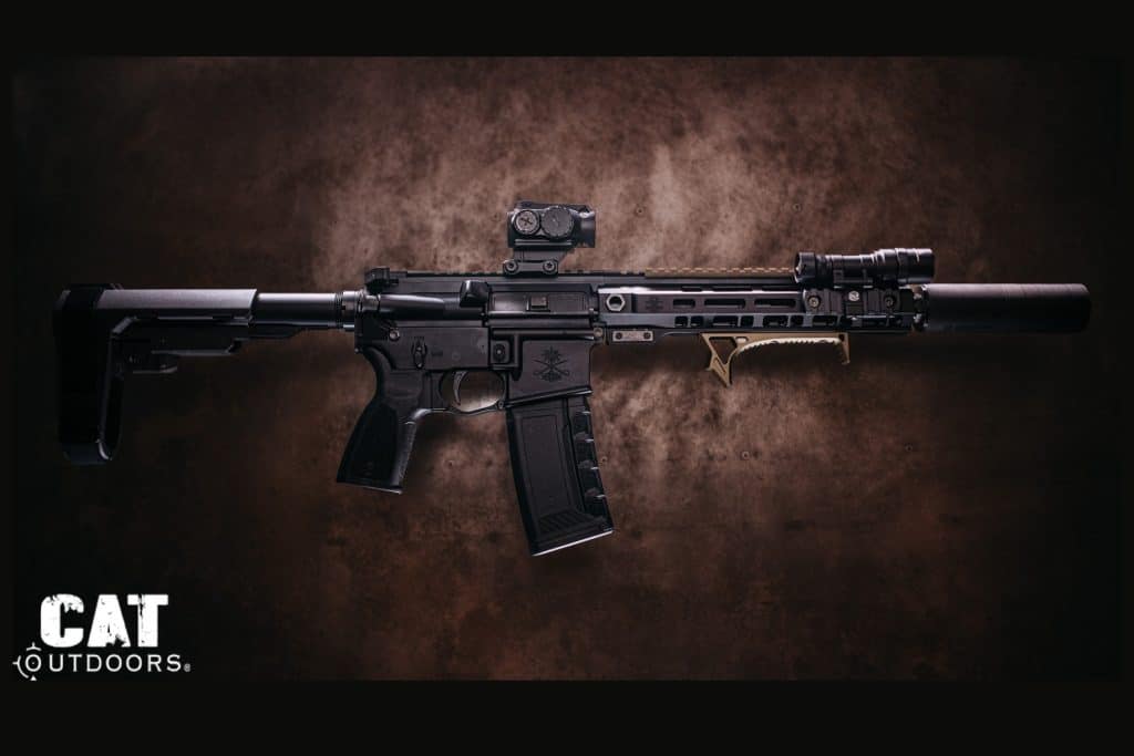 Completed PSA Sabre 300 Blackout suppressed build, full right-side profile with CMMG ZEROED 36K, Primary Arms GLx MD-21, and SureFire Scout Light Pro