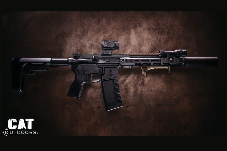 Completed PSA Sabre 300 Blackout suppressed build, full right-side profile with CMMG ZEROED 36K, Primary Arms GLx MD-21, and SureFire Scout Light Pro