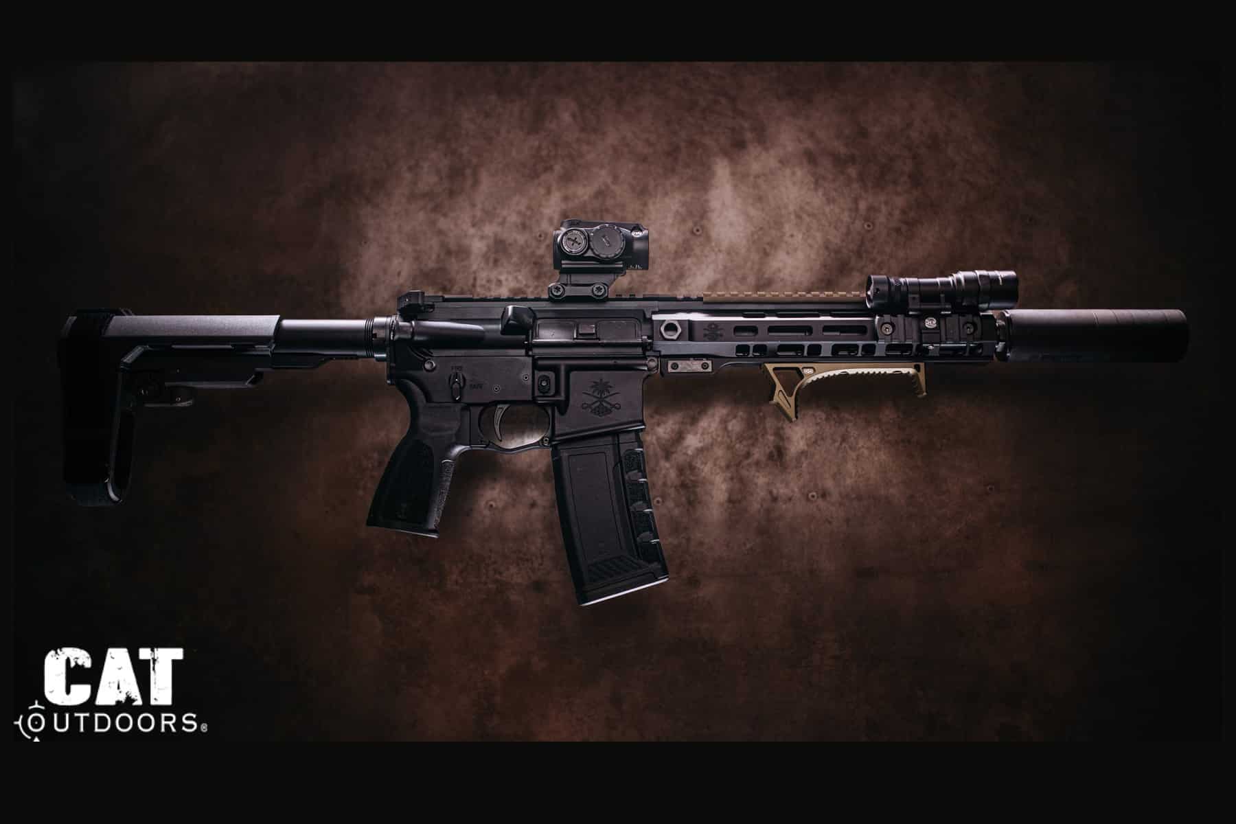 Completed PSA Sabre 300 Blackout suppressed build, full right-side profile with CMMG ZEROED 36K, Primary Arms GLx MD-21, and SureFire Scout Light Pro