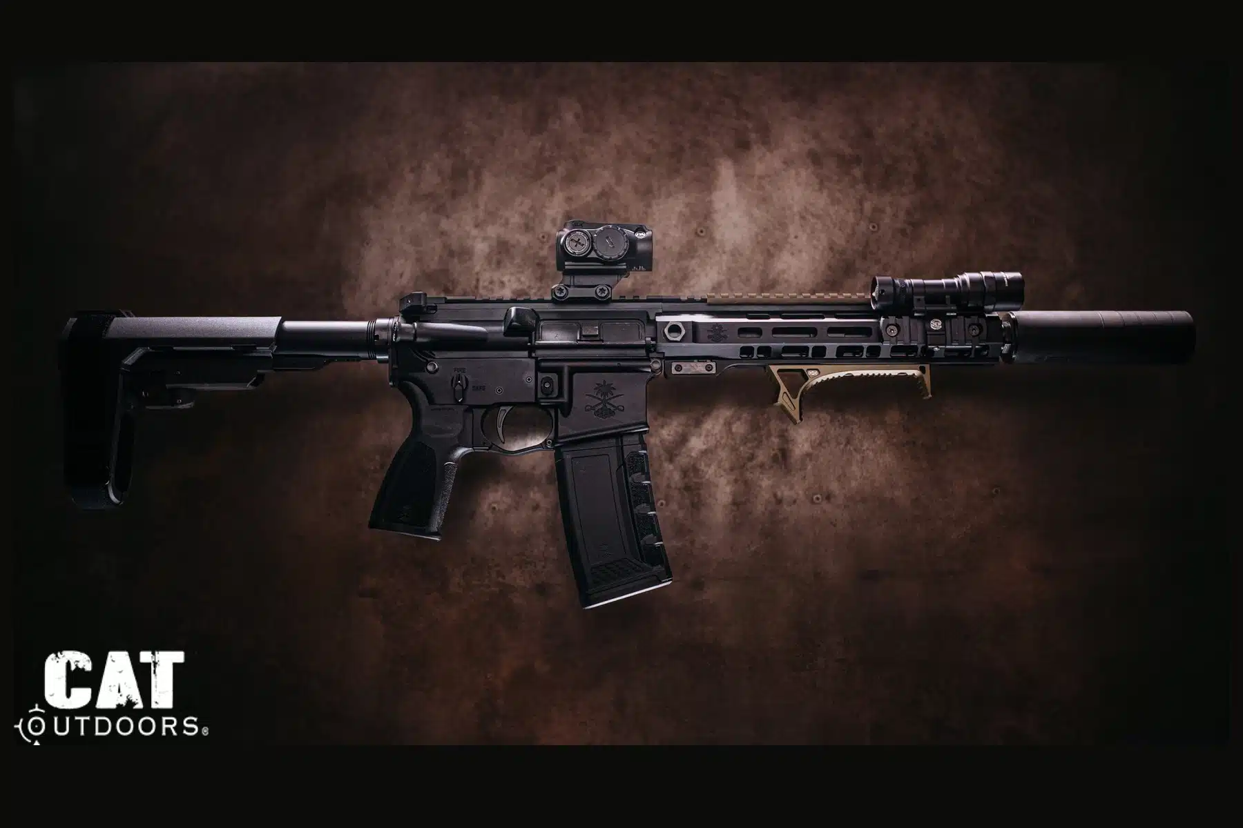 Completed PSA Sabre 300 Blackout suppressed build, full right-side profile with CMMG ZEROED 36K, Primary Arms GLx MD-21, and SureFire Scout Light Pro