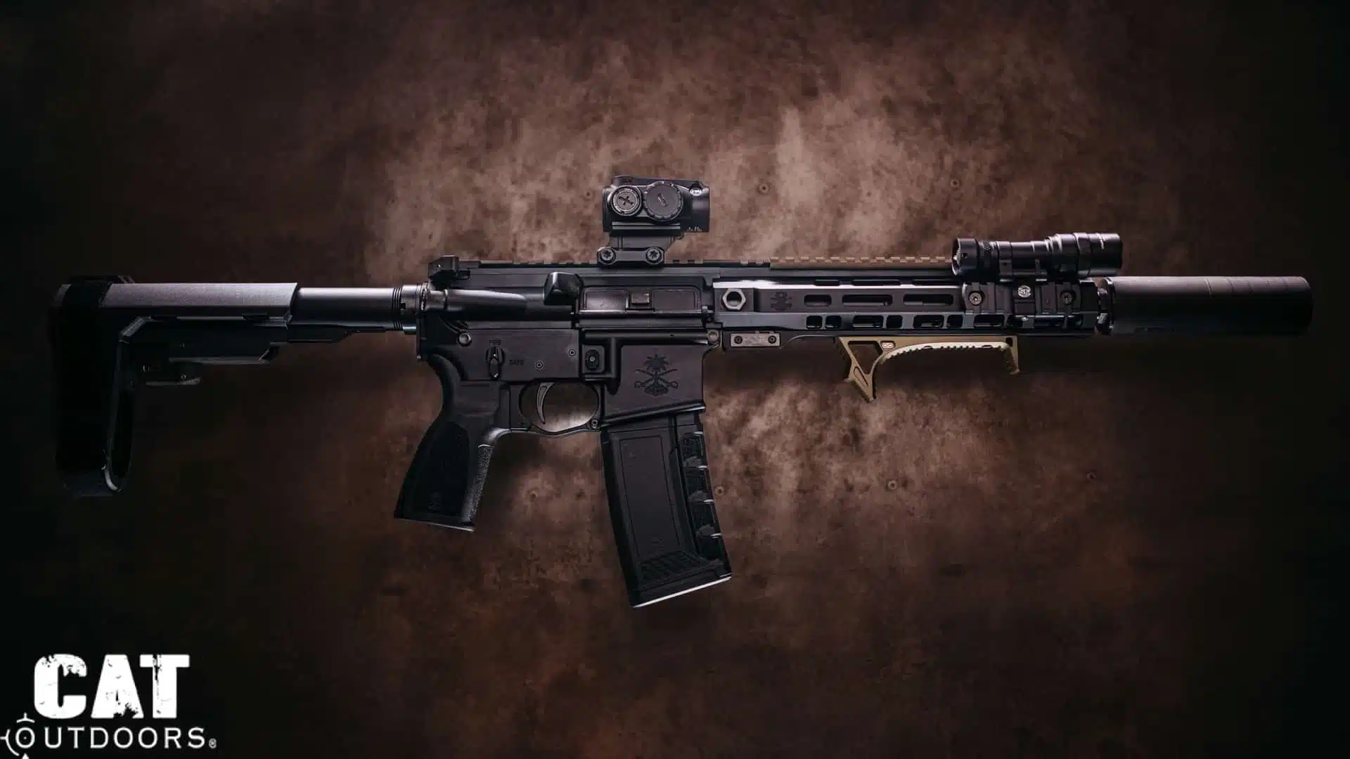Completed PSA Sabre 300 Blackout suppressed build, full right-side profile with CMMG ZEROED 36K, Primary Arms GLx MD-21, and SureFire Scout Light Pro