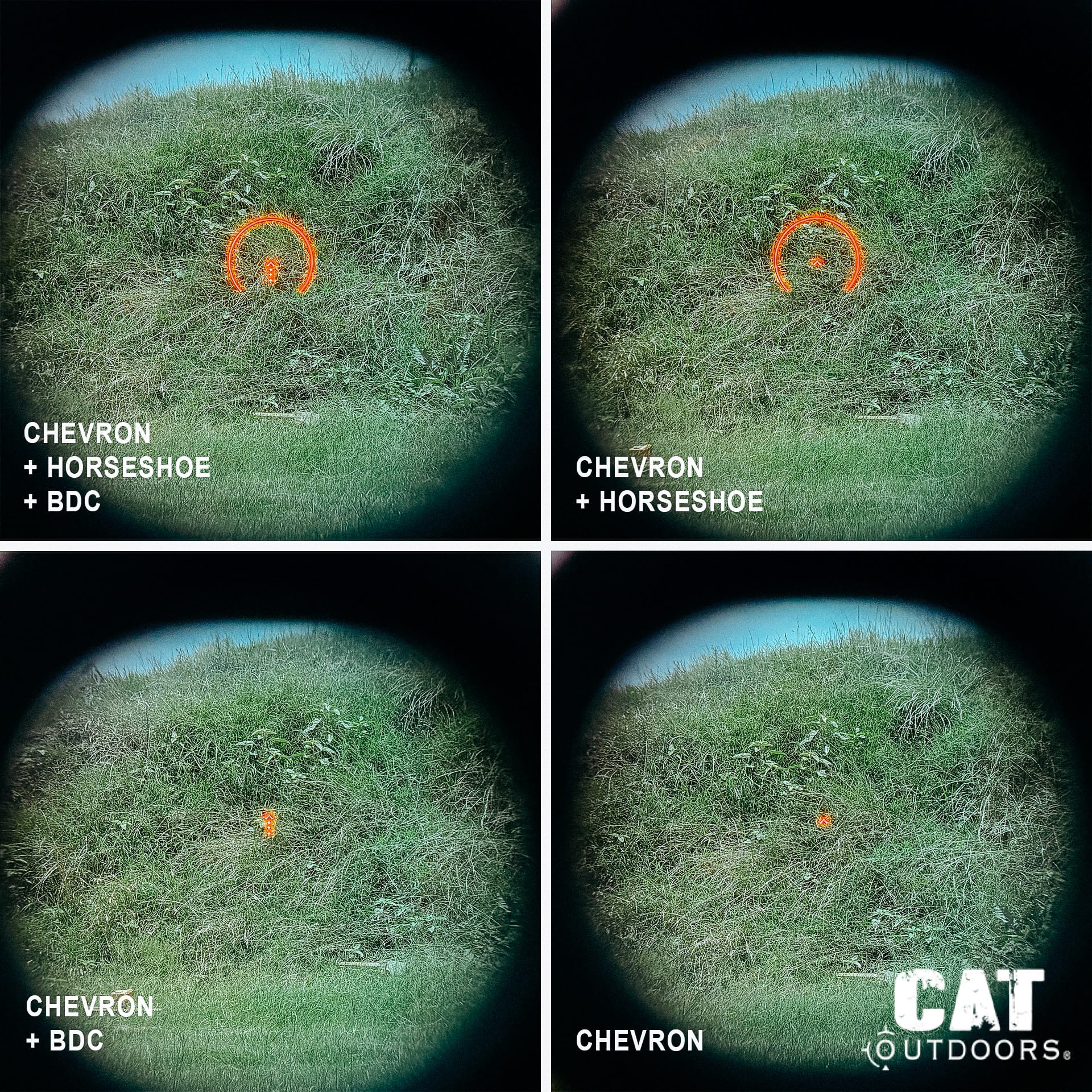 Through-lens composite of the ACSS CQB reticle's four illumination configurations on the Primary Arms GLx MD-21