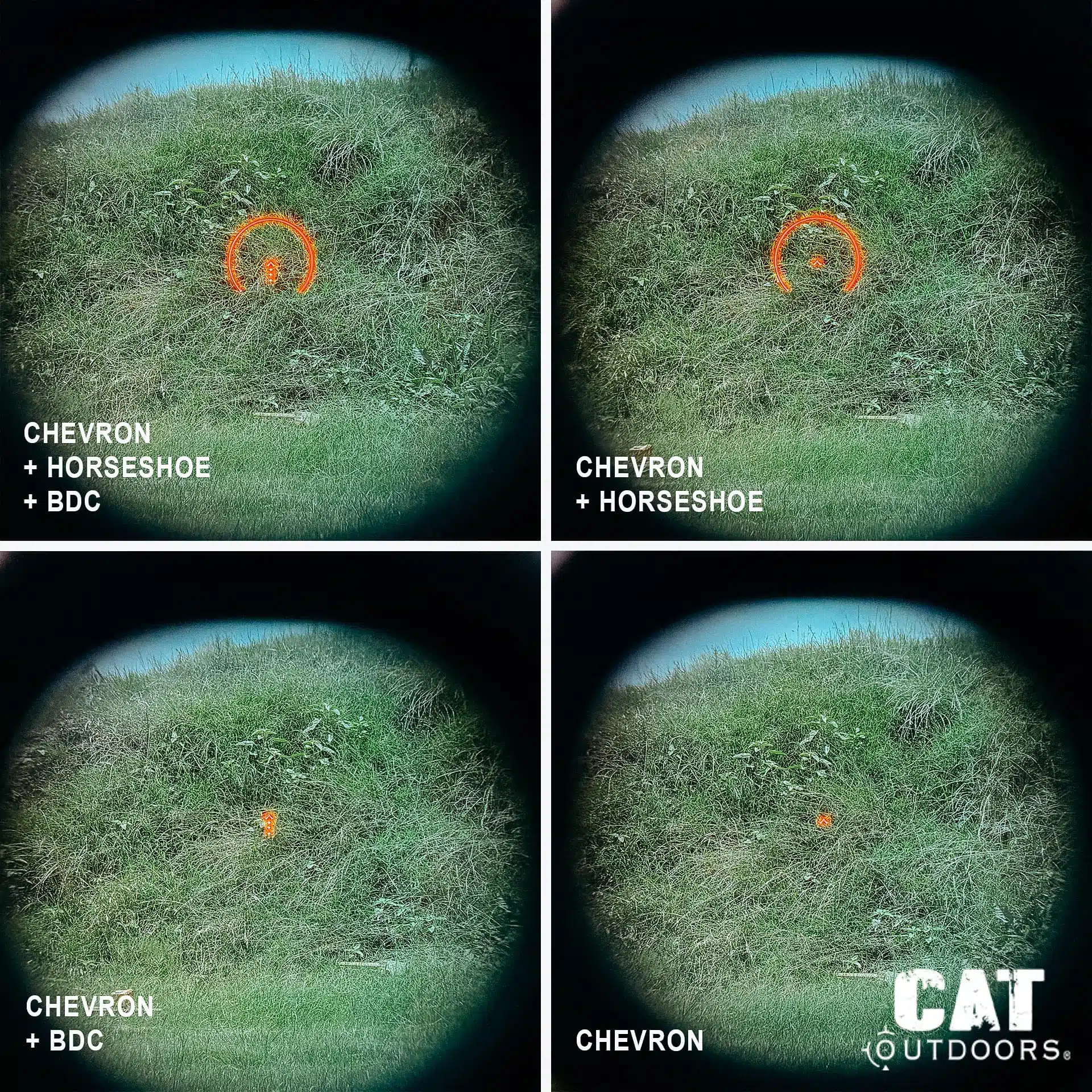 Through-lens composite of the ACSS CQB reticle's four illumination configurations on the Primary Arms GLx MD-21