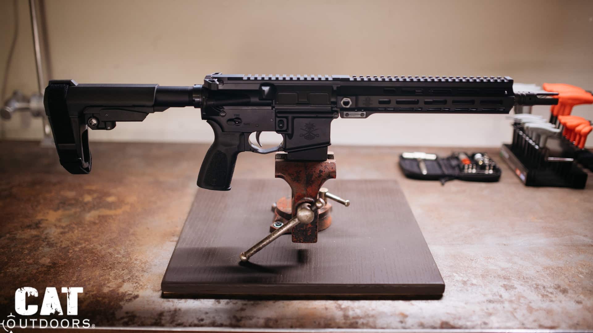PSA Sabre 300 Blackout build: Rifle mounted on vise
