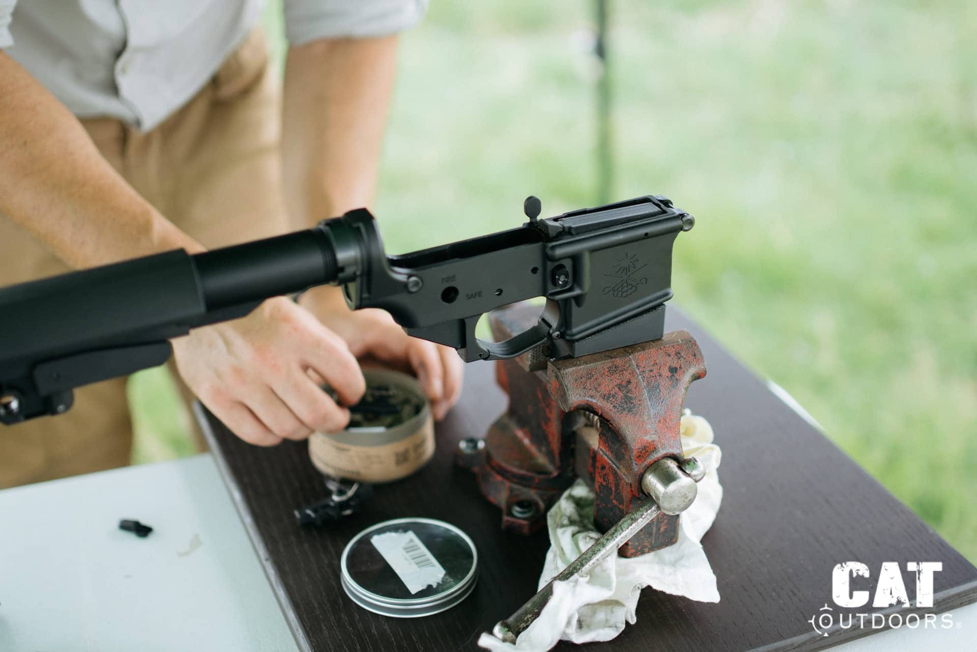 LaRue trigger swap: PSA Sabre lower secured in the bench vise