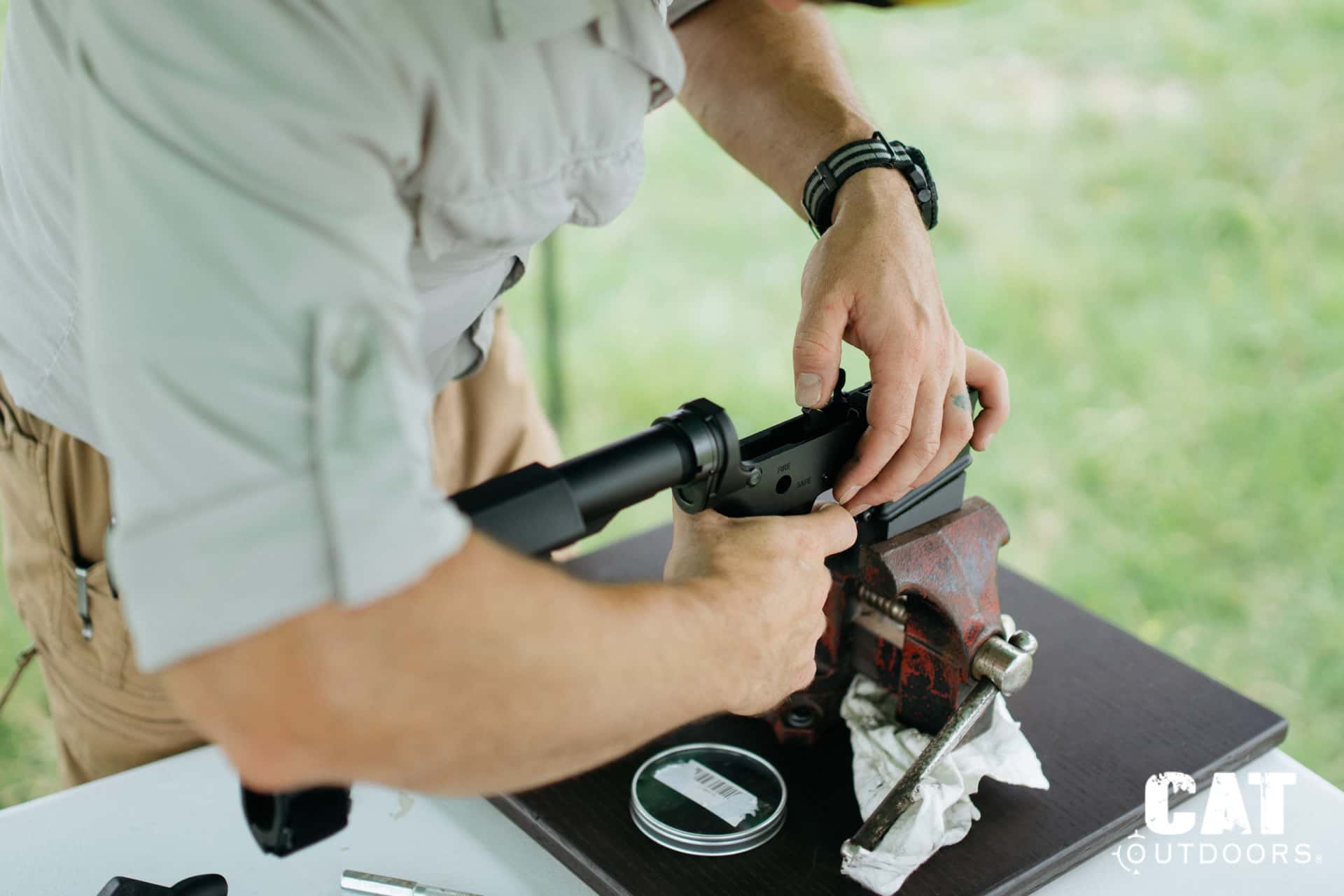 LaRue trigger swap: reassembling the rifle over the bench vise