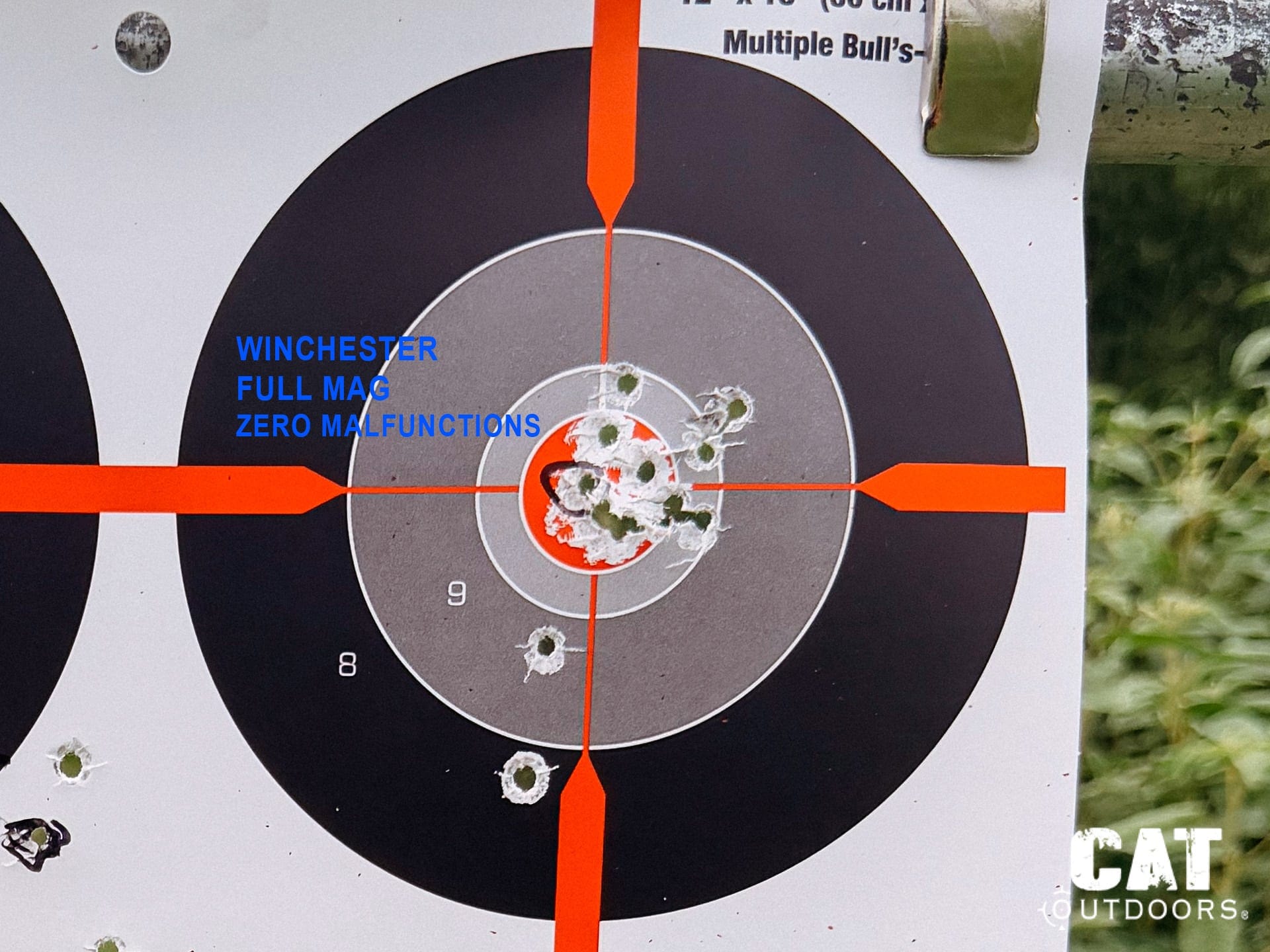 Annotated target bull: Winchester full magazine, zero malfunctions, tight cluster
